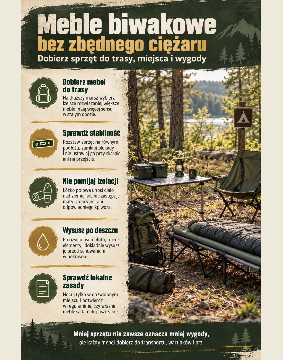 Praktyczny przewodnik po biwakowych meblach: składane stoły, krzesełka, łóżka polowe